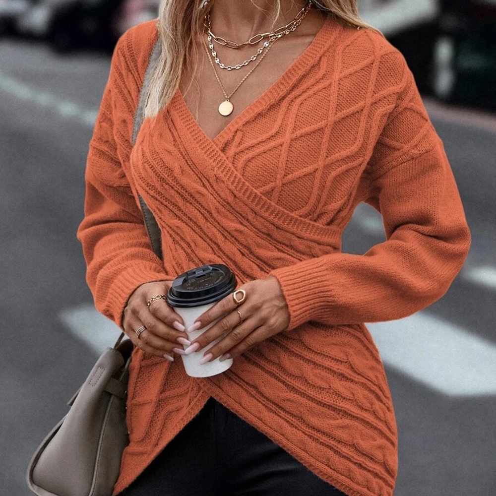 Cozy Chunky Cable Knit Wrap Sweater Top - Picture 11 of 15